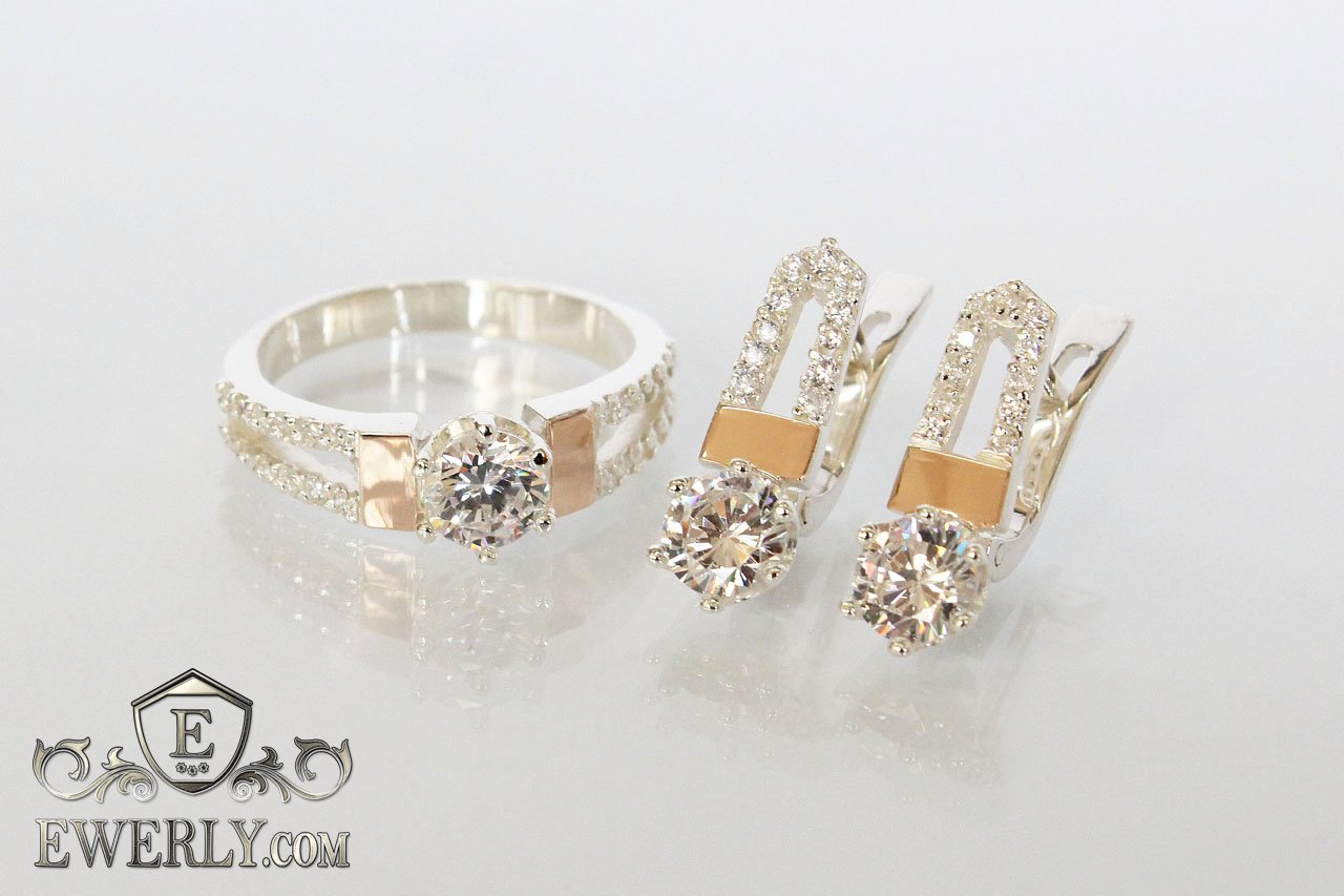 Женские серьги и кольцо с золотом (белые камни) (8.89 г) купить по цене 8448 руб с доставкой в Омск.