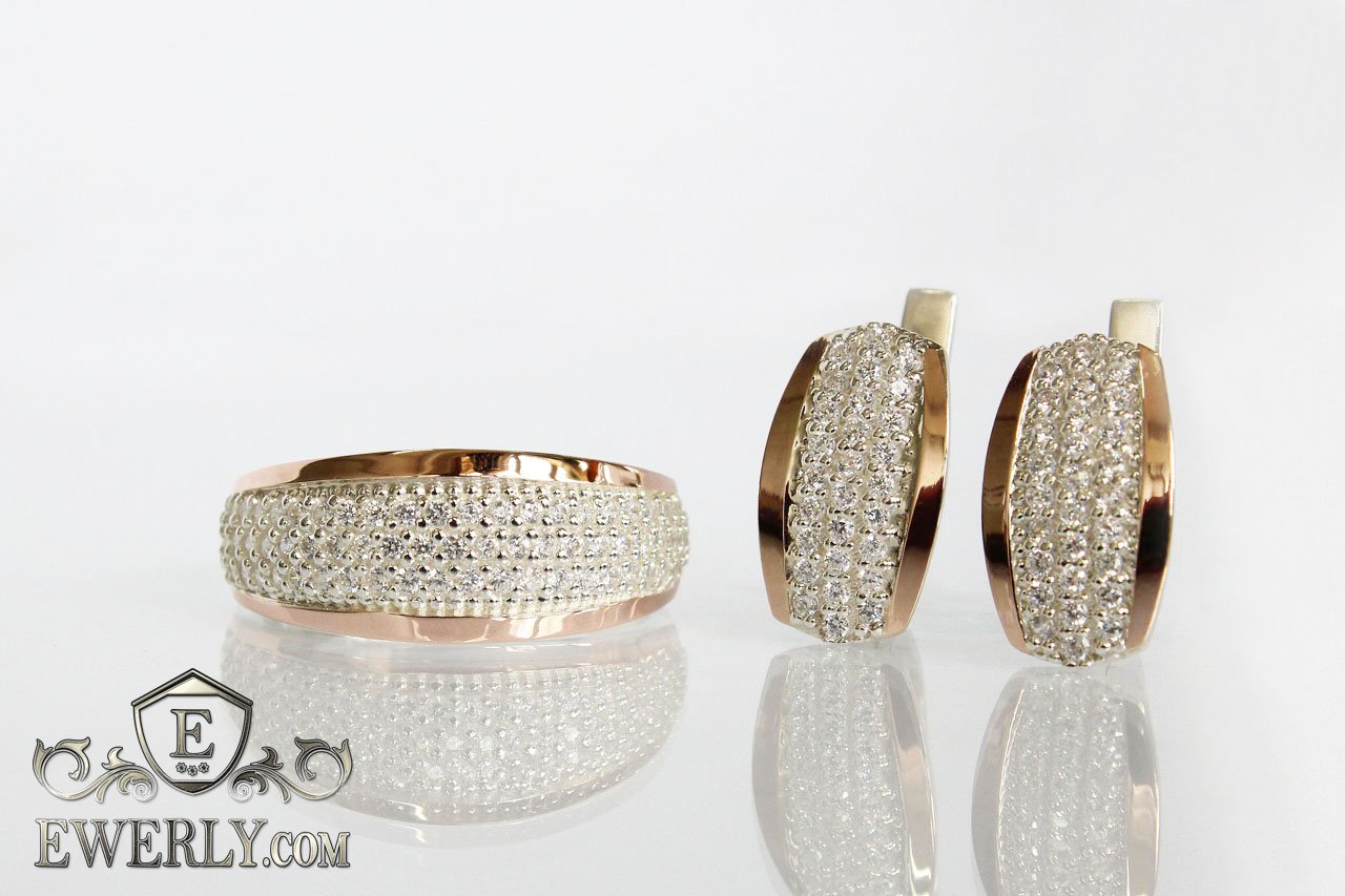 Серёжки и кольцо из серебра c золотом и белыми камнями (8.82 г) купить по цене 8047 руб с доставкой в Омск.