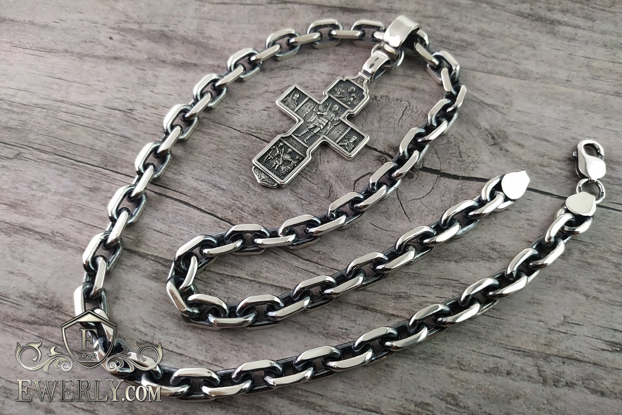 Серебряная якорная цепочка с крестом (147.5 г) купить по цене 28625 руб сдоставкой в Омск.